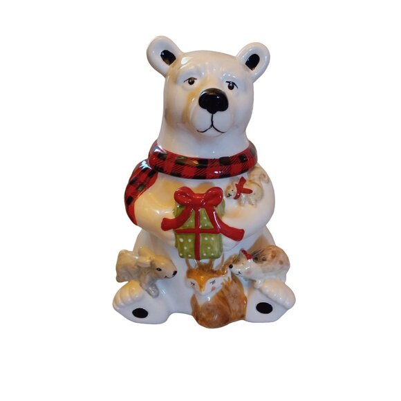 NIB POLAR BEAR COOKIE JAR GIBSON HOME POLAR FRIEND 9" CHRISTMAS HOLIDAY CERAMIC - Picture 2 of 6